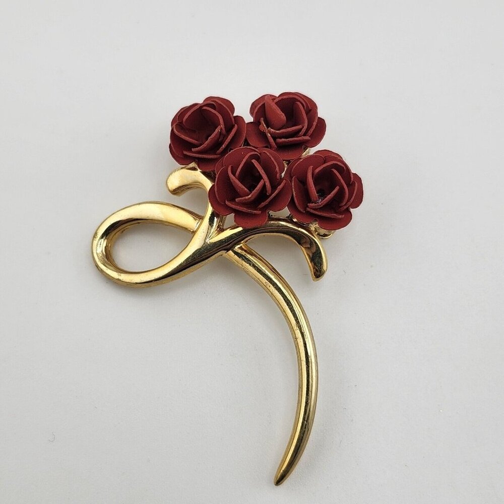 Vintage Gold Tone Red Rose Bouquet Brooch